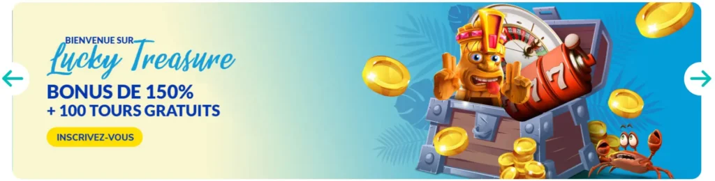 Bonus de 100% jusqu'à 2 000 € + 200 tours gratuits LUCKY TREASURE CASINO